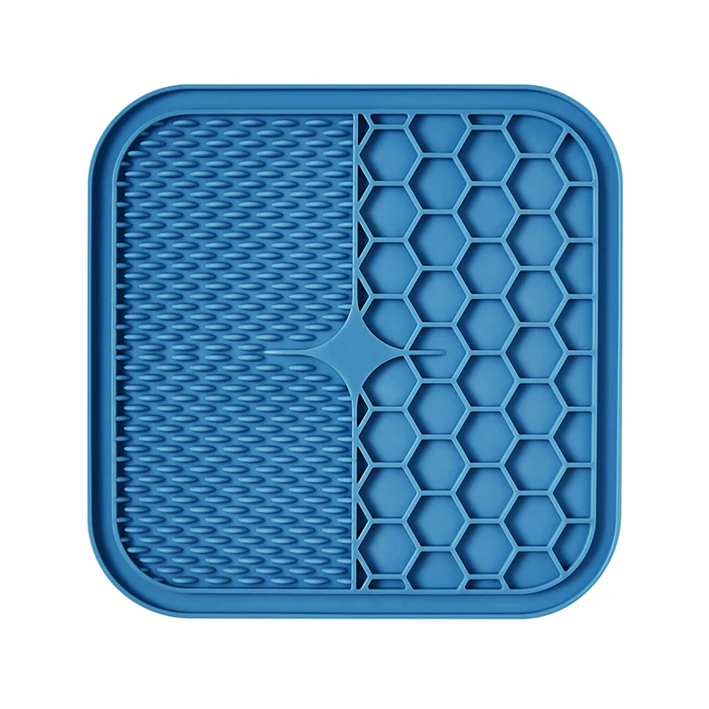 The Slow Moment cat lick mat in blue with ridged and honeycomb textures
