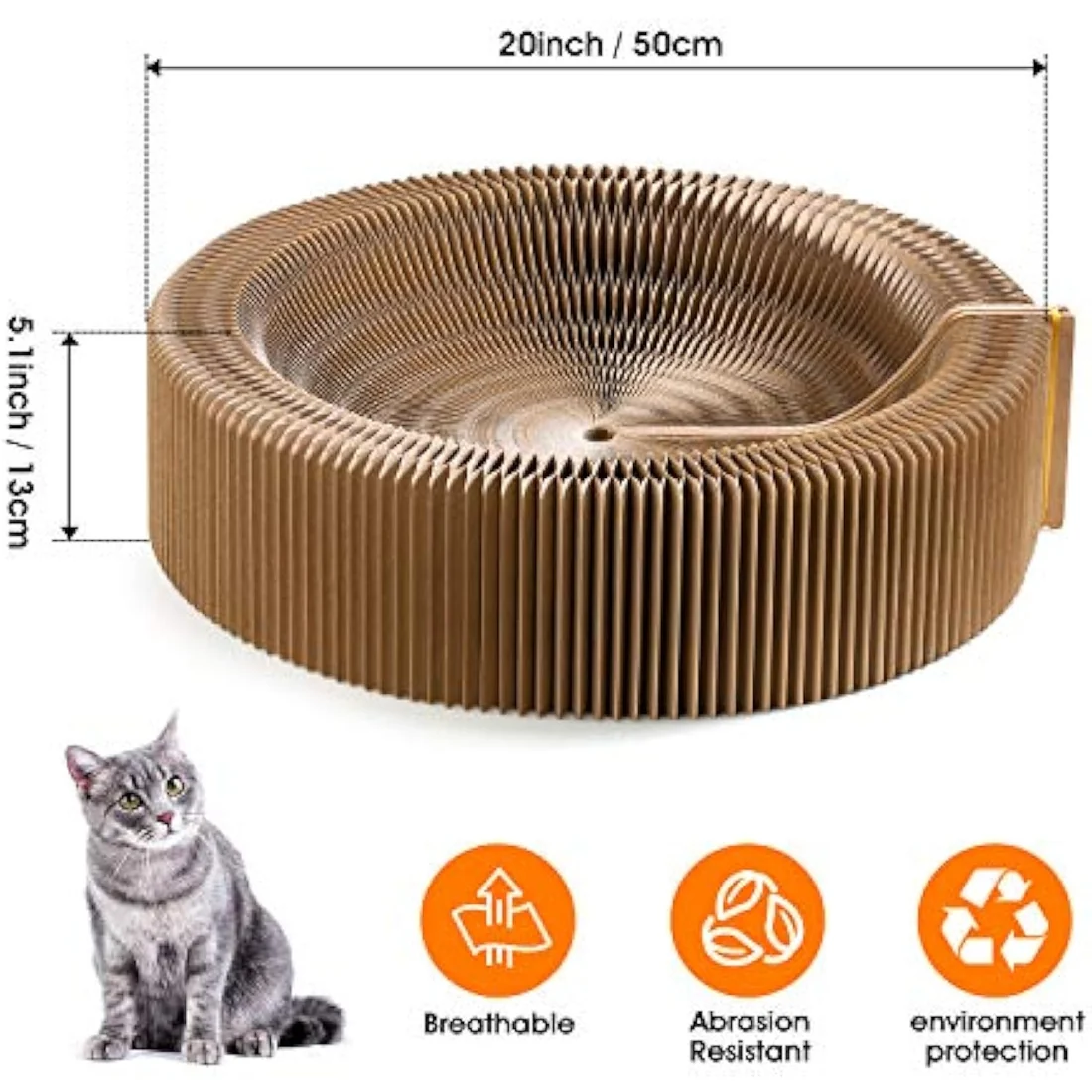 Cardboard cat scratcher lounge dimensions: 20 in (50 cm) across, 5.1 in (13 cm) high