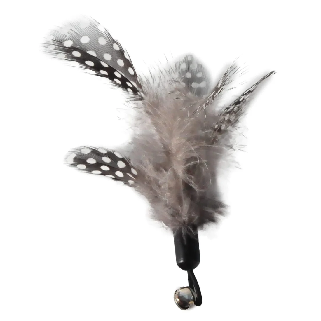 Natural guinea-fowl feather lure with bell and clip for a cat wand toy