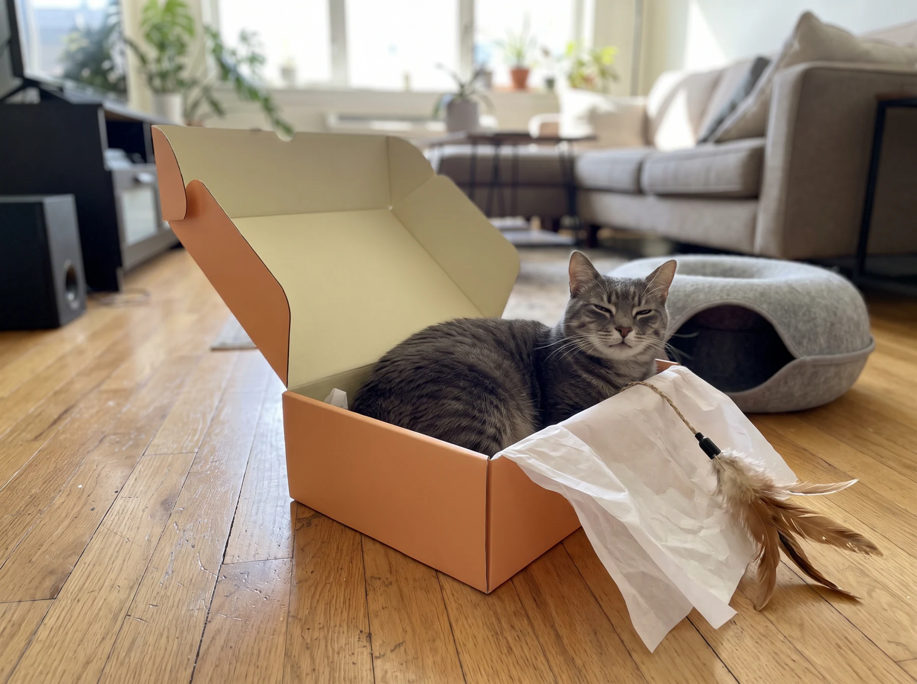 An open Purrbly kit box on an apartment floor
